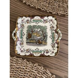 Antique 1932 Mason's Leeds England Square Cake Plate Handles Gold Trim Ironstone